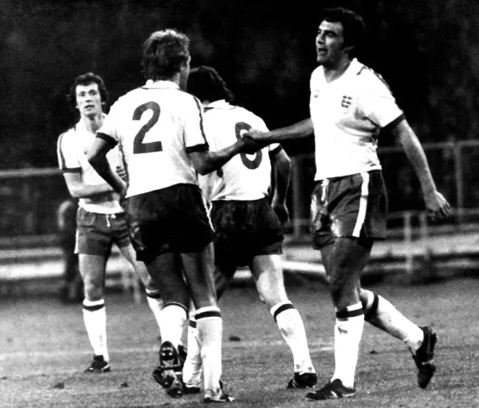 Framed Print : England goalscorer Trevor Brooking is congratulated by teammates after scoring in Framed Print : England goalscorer Trevor Brooking is congratulated by teammates after scoring in