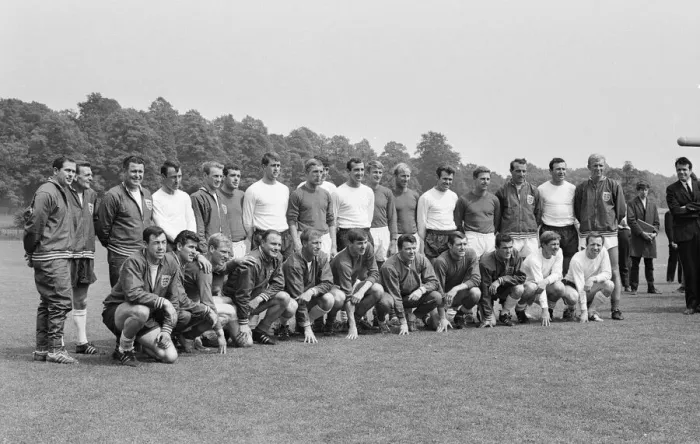 Framed Print : The England national team squad pose at Lilleshall before a training session in
