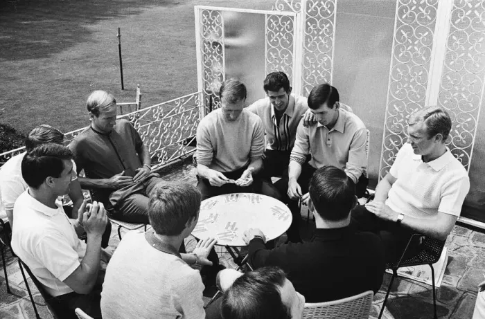 Framed Print : England players enjoy a game of cards at their base in Hendon during the 1966 World Cup