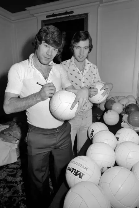 Framed Print : England team at hotel: Alan Hudson left and Malcolm MacDonald sign match footballs Framed Print : England team at hotel: Alan Hudson left and Malcolm MacDonald sign match footballs
