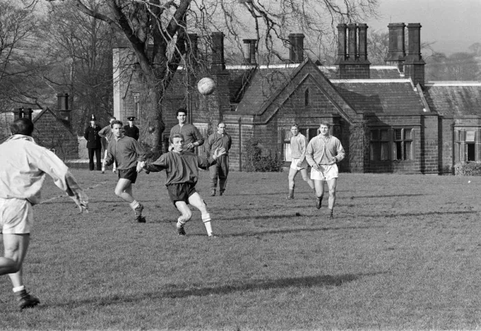 Framed Print : England team training session at Lea Green, Derbyshire. George Eastham heads Framed Print : England team training session at Lea Green, Derbyshire. George Eastham heads