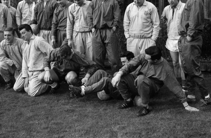 Framed Print : England team training session at Lea Green, Derbyshire. Jimmy Greaves fooling Framed Print : England team training session at Lea Green, Derbyshire. Jimmy Greaves fooling