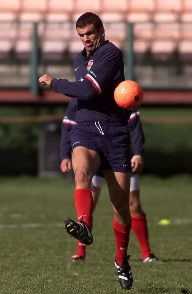 England training captain Martin Johnson Oct 1999 enjoys a game of football before