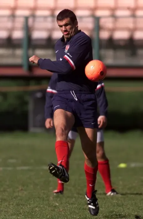 Framed Print : England training captain Martin Johnson Oct 1999 enjoys a game of football before Framed Print : England training captain Martin Johnson Oct 1999 enjoys a game of football before