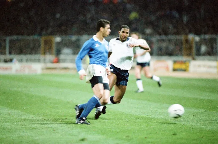 Framed Print : England v Brazil 28th March 1990, Wembley. John Barnes in action against Brazil Framed Print : England v Brazil 28th March 1990, Wembley. John Barnes in action against Brazil