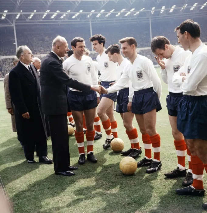 Framed Print : England v Brazil international at Wembley. Duke of Gloucester shakes hands with Framed Print : England v Brazil international at Wembley. Duke of Gloucester shakes hands with