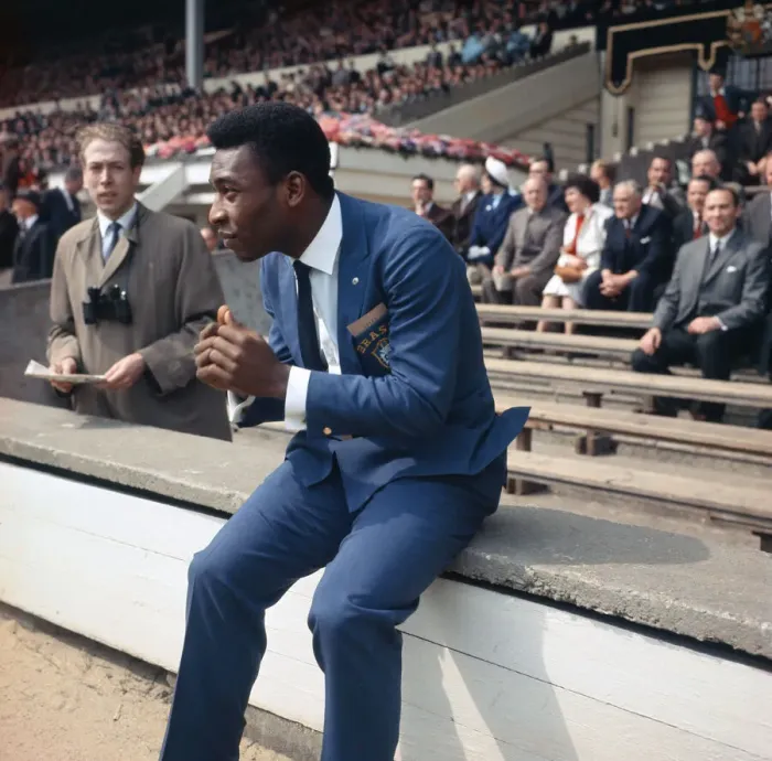 Framed Print : England v Brazil international at Wembley. Injured Brazilian star Pele watches Framed Print : England v Brazil international at Wembley. Injured Brazilian star Pele watches