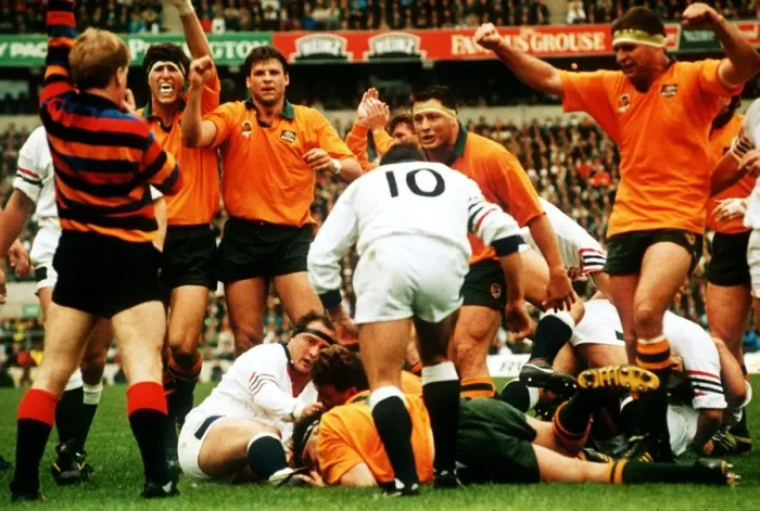 Framed Print : England v New Zealand Rugby Union World Cup 1991 the Australians score a try in Framed Print : England v New Zealand Rugby Union World Cup 1991 the Australians score a try in