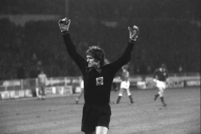 Framed Print : England v West Germany Football April 1972 German Goalkeeper celebrates after Framed Print : England v West Germany Football April 1972 German Goalkeeper celebrates after