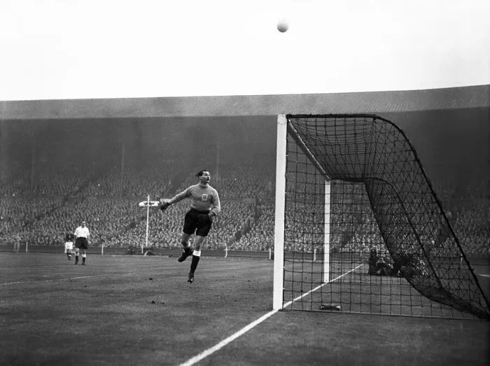 Framed Print : Englands goalkeeper Gilbert Merrick jumps to save during international friendly Framed Print : Englands goalkeeper Gilbert Merrick jumps to save during international friendly