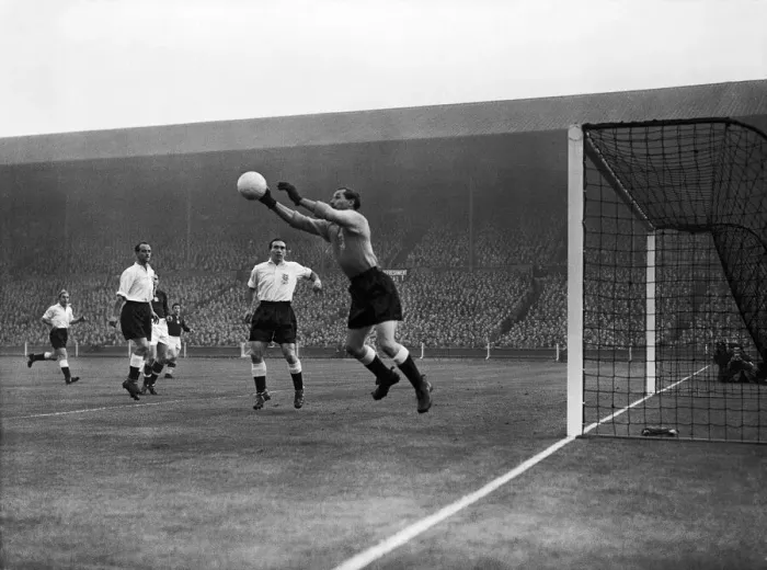 Framed Print : Englands goalkeeper Gilbert Merrick (right) saves from Budai (not show Framed Print : Englands goalkeeper Gilbert Merrick (right) saves from Budai (not show