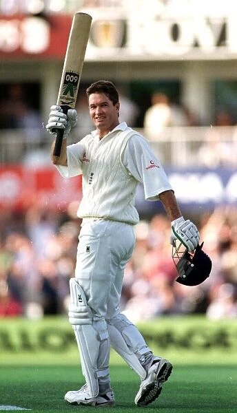 Englands Graeme Hick celebrates his century August 1998 in test match against