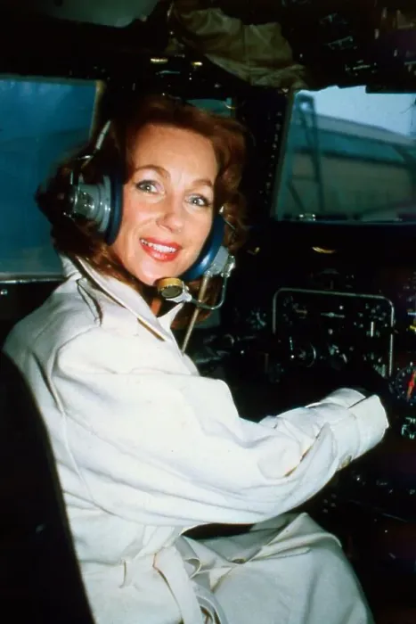 Framed Print : English actress Shirley Anne Field in the cockpit of a helicopter. June 1980