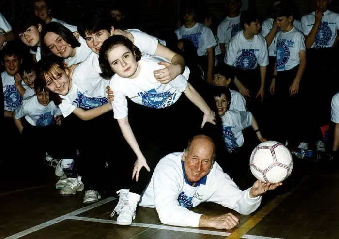 Framed Print : English football legend Bobby Charlton pictured with left to right: Louise Hayes
