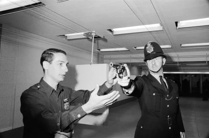 Framed Print : English police officers tour a firing range at a New York Police Department in America Framed Print : English police officers tour a firing range at a New York Police Department in America