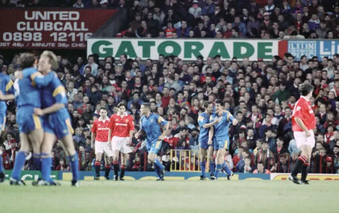 Framed Print : English Premier League Match at Old Trafford. Manchester United 0 v Wimbledon 1 Framed Print : English Premier League Match at Old Trafford. Manchester United 0 v Wimbledon 1