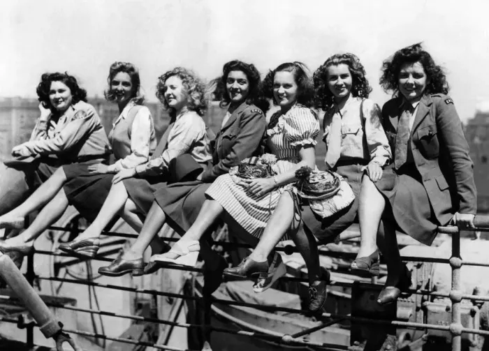 Framed Print : Some of the ENSA girls grouped on the ships rails on board the Empress of Scotland before Framed Print : Some of the ENSA girls grouped on the ships rails on board the Empress of Scotland before
