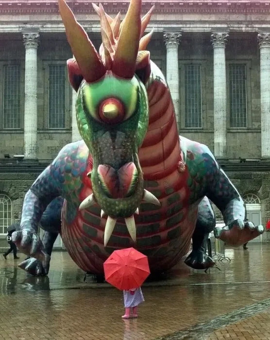 Framed Print : Enter the dragon... a youngster braves the rain to take a look at a giant inflatable Framed Print : Enter the dragon... a youngster braves the rain to take a look at a giant inflatable