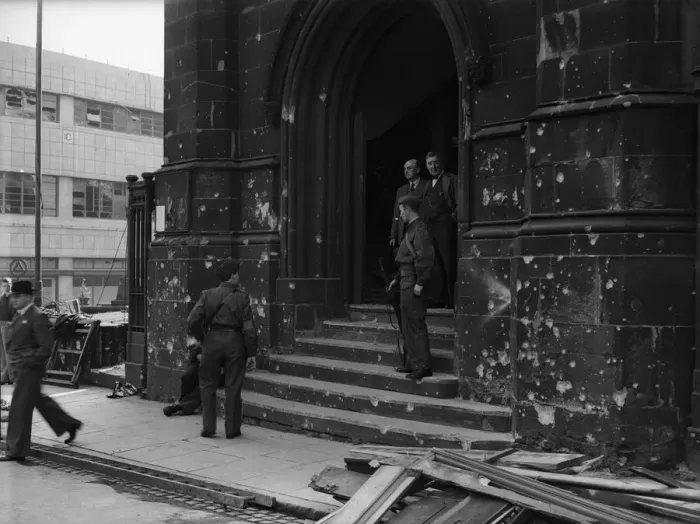 Framed Print : The entrance to Dudley Parish Church, bare the scars of a raid on the city Framed Print : The entrance to Dudley Parish Church, bare the scars of a raid on the city
