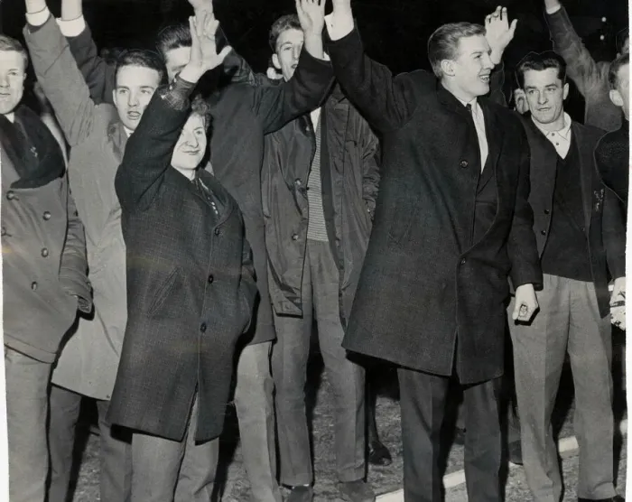 Framed Print : EQI Celtic players wave 6th march 1964 to fans after returning to CELTIC PARK after they Framed Print : EQI Celtic players wave 6th march 1964 to fans after returning to CELTIC PARK after they