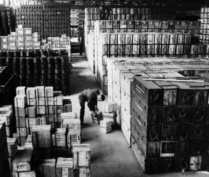 Framed Print : Made at an equipment depot somewhere in England, stacks of packing cases filled with