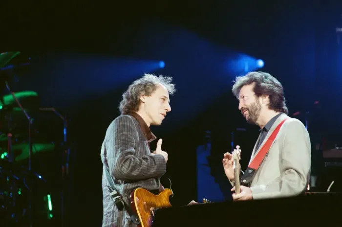 Framed Print : Eric Clapton and Mark Knopfler on stage at the Nelson Mandela 70th Birthday Tribute