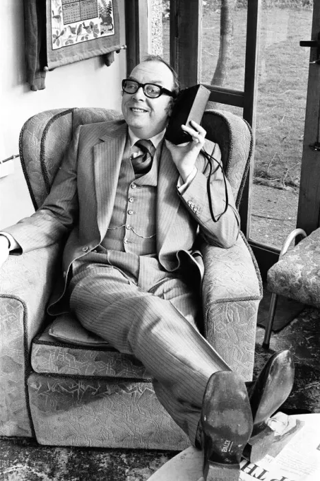 Framed Print : Eric Morecambe, Comedian & Luton FC Director, listens to match report on the radio Framed Print : Eric Morecambe, Comedian & Luton FC Director, listens to match report on the radio