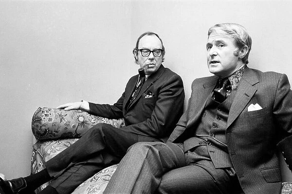 Eric Morecambe and Ernie Wise, pictured during break in filming interview for Aquarius