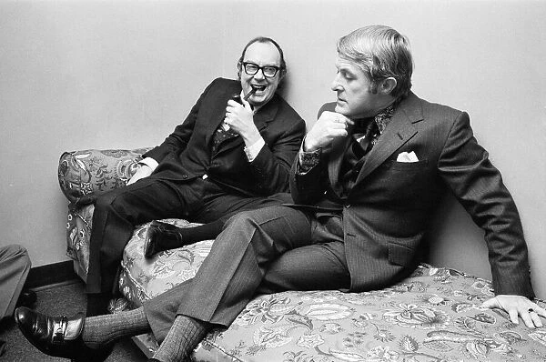 Eric Morecambe and Ernie Wise, pictured during break in filming interview for Aquarius