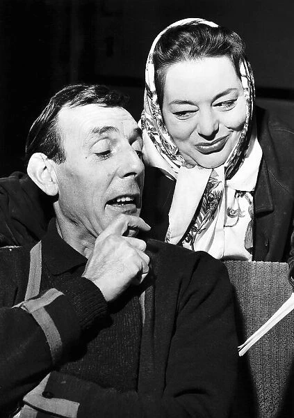 Eric Sykes comedian and actor with Hattie Jaques actress rehearsing a sketch for a TV