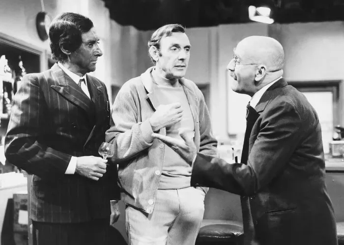 Framed Print : Eric Sykes Comedian with Spike Milligan Comedian & Warren Mitchell Comedian Actor in a tv