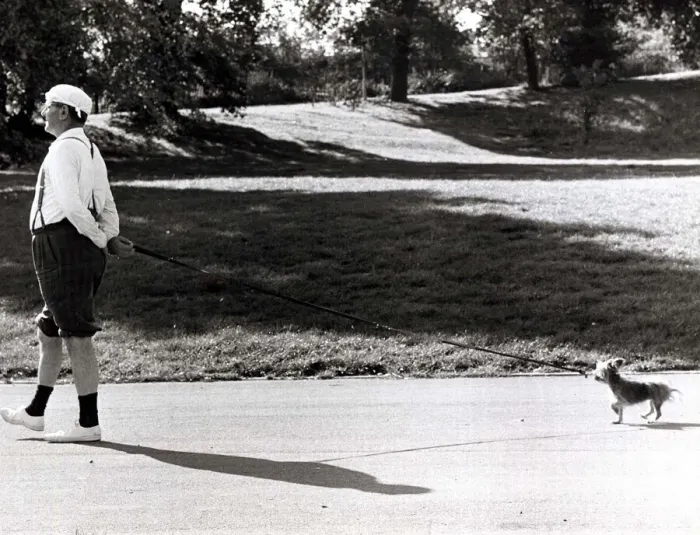 Framed Print : Ernest Heaton is shown here with his dog Pip during a sponsored stroll for charity Framed Print : Ernest Heaton is shown here with his dog Pip during a sponsored stroll for charity