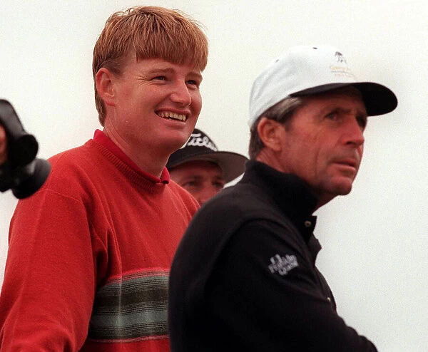 Ernie Els and Gary Player at Troon for the Open Golf July 1997 during their last practice