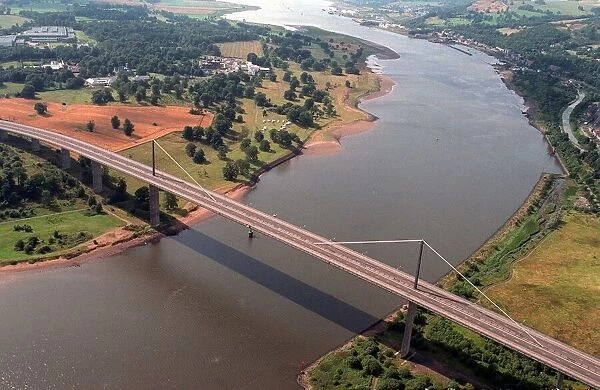 Erskine Bridge aerial view empty after being hit by UIE oil rig collision. Circa 1998
