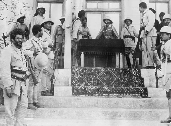 Ethiopian Emperor Haile Selassie making a speech to the Patriot Forces of Abyssinia after