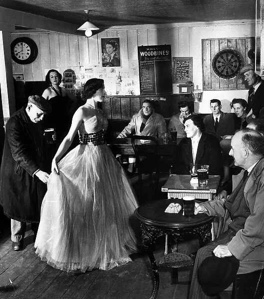 Ethnie Fuller showing fashion dress in the White Hart pub in St Austel in Cornwall
