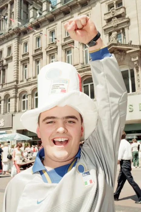 Framed Print : Euro 1996 Football Fans in Liverpool City Centre, 14th June 1996. Italian Fans Framed Print : Euro 1996 Football Fans in Liverpool City Centre, 14th June 1996. Italian Fans