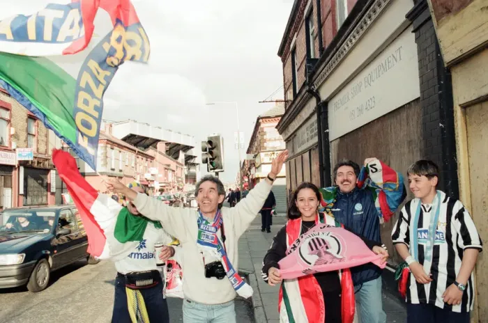 Framed Print : Euro 1996 Football Fans in the streets around Anfield Football Ground, Liverpool