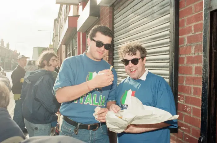 Framed Print : Euro 1996 Football Fans in the streets around Anfield Football Ground, Liverpool Framed Print : Euro 1996 Football Fans in the streets around Anfield Football Ground, Liverpool
