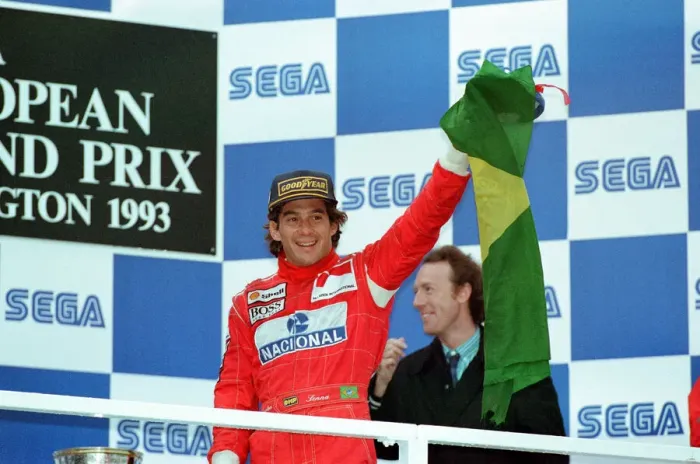 Framed Print : European Grand Prix at Donington 11th April 1993. Ayrton Senna on the podium