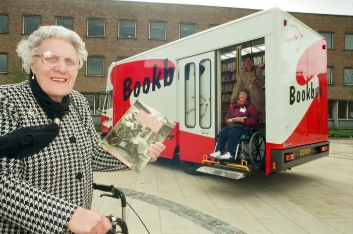 Framed Print : Eva Sharp with the first book from the new Book Bus, launched in Stockton Framed Print : Eva Sharp with the first book from the new Book Bus, launched in Stockton
