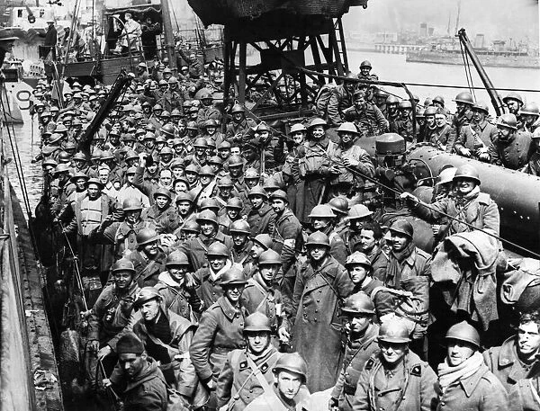 The evacuation of Allied soldiers from the beaches and harbour of Dunkirk, June 1940