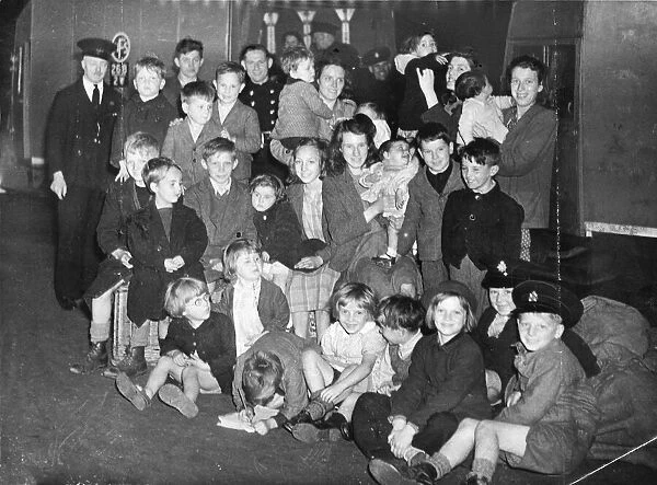 Evacuation. Children at a train station in Liverpool