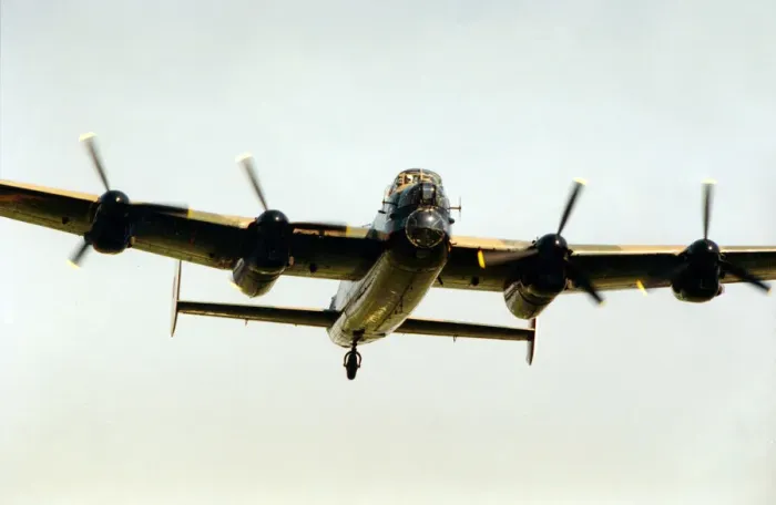 Framed Print : EVALUATION SCAN ONLY. A Second World War Avro Lancaster bomber pictured leaving RAF Framed Print : EVALUATION SCAN ONLY. A Second World War Avro Lancaster bomber pictured leaving RAF
