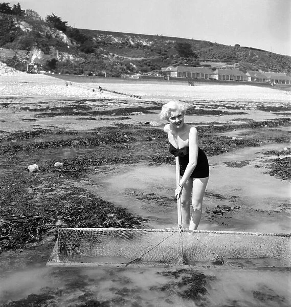 Eve Lynd American actress with shrimping net. May 1950 O24324-008