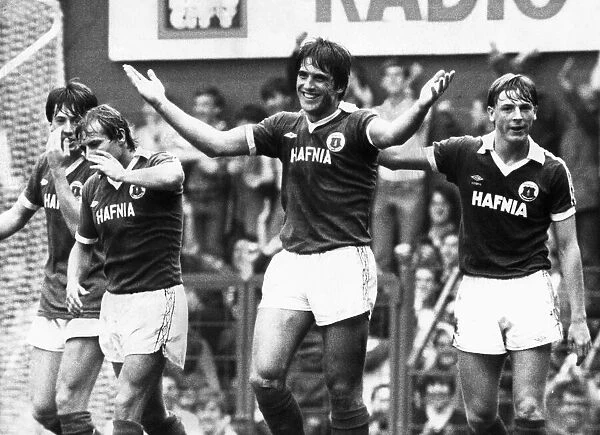 Everton centre forward Bob Latchford celebrates after scoring a hat trick during their