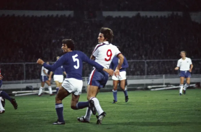 Framed Print : Everton footballer Bob Latchford in action for England in the international match against