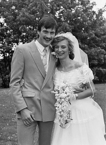 Everton footballer Derek Mountfield with his bride Julie Bird on their wedding day, 1984