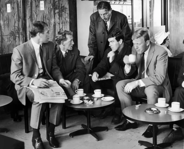 Framed Print : Everton players enjoy a cup of tea at Speke Airport before flying out to Norway Framed Print : Everton players enjoy a cup of tea at Speke Airport before flying out to Norway