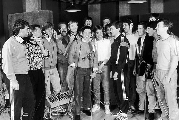 Everton team in the recording studio, cutting a record. 9th April 1986